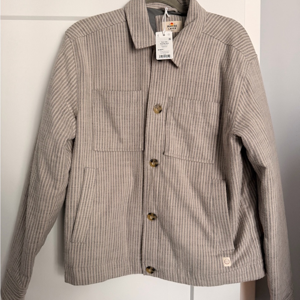 Marine Layer Gray and Cream Striped Button-Up Shacket